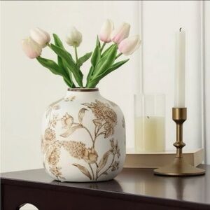 Walmart Home Decor Collection White Ceramic
Brown Floral Painted Tabletop Vase